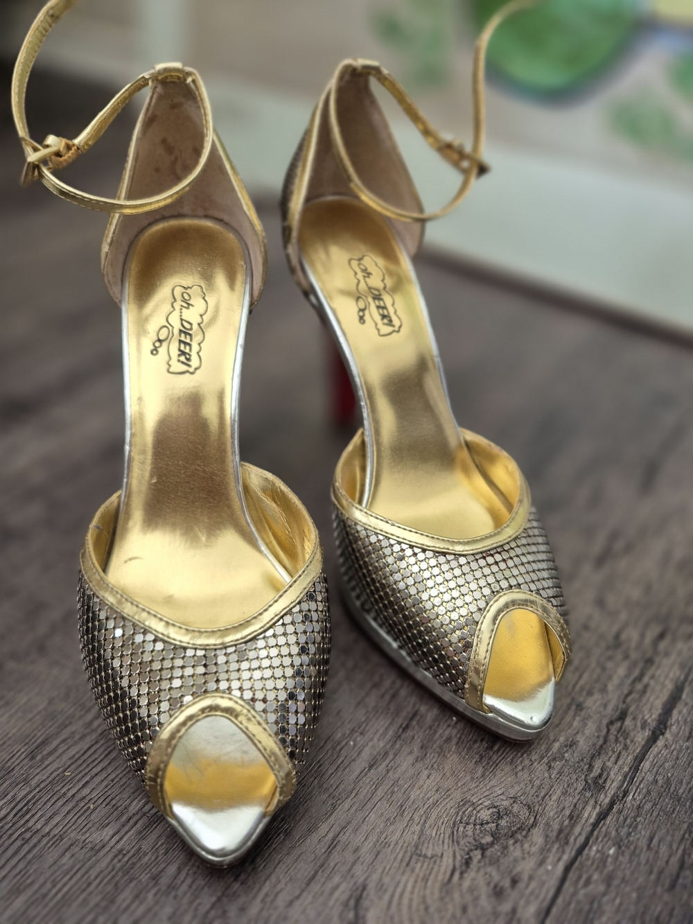 Vintage 'Oh Deer' Gold Metallic Peep-Toe Ankle Strap Heels
